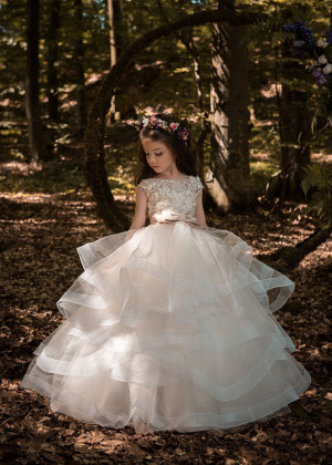 Beaded Ivory Lace Tulle Ruffle Horsehair Hem Flower Girl Dress